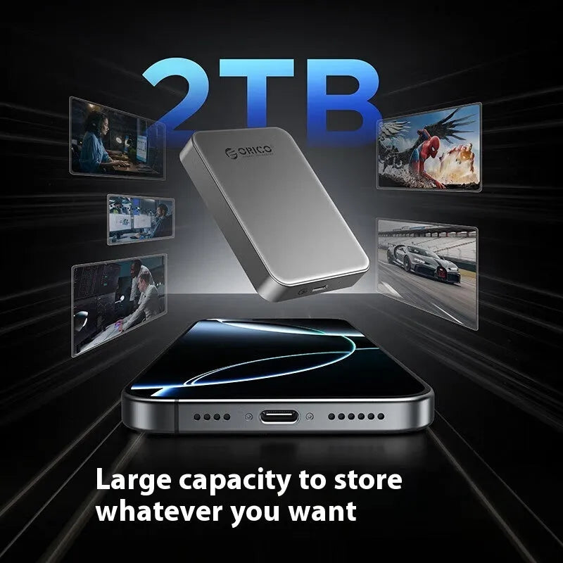 Grey magnetic mobile SSD measuring 80x60mm with ultra-thin 11.2mm profile and included C to C cable