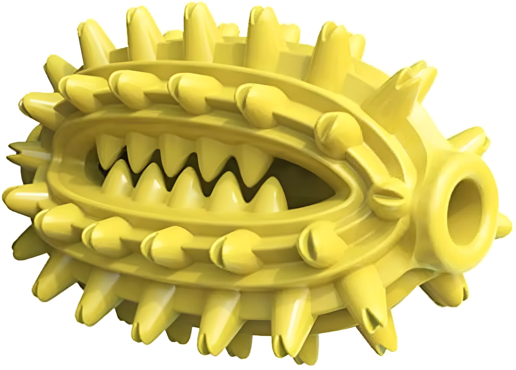 Green cactus-shaped rubber dog chew toy for dental cleaning, shown with dimensions.