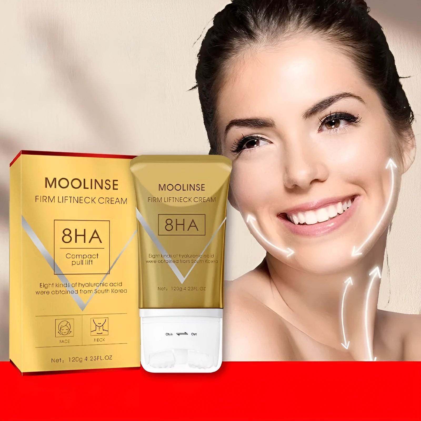 Neck moisturising cream with roller applicator for dry skin in medium sample packaging