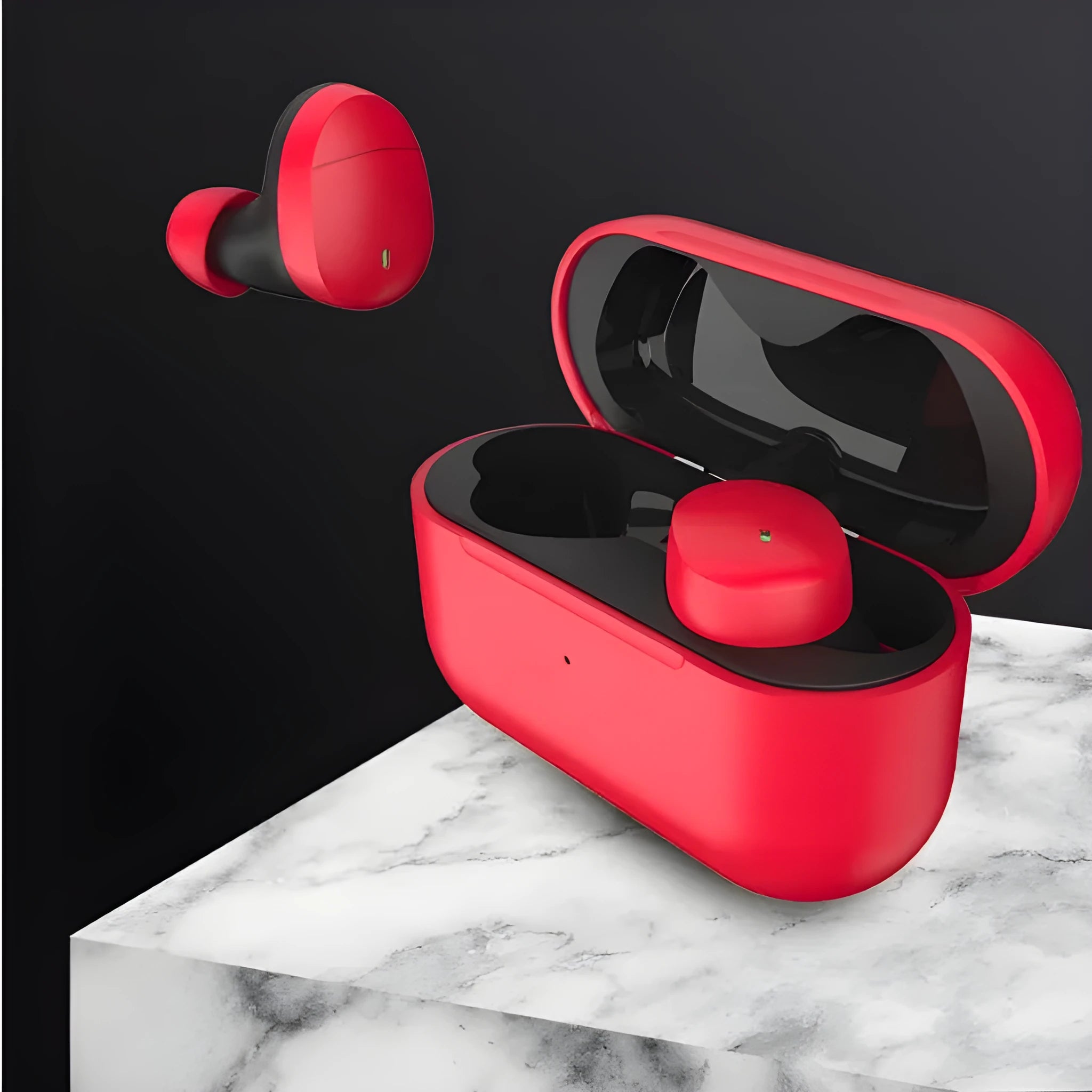 Flame red Qualcomm Bluetooth 5.2 wireless headset with earplug design and charging cable