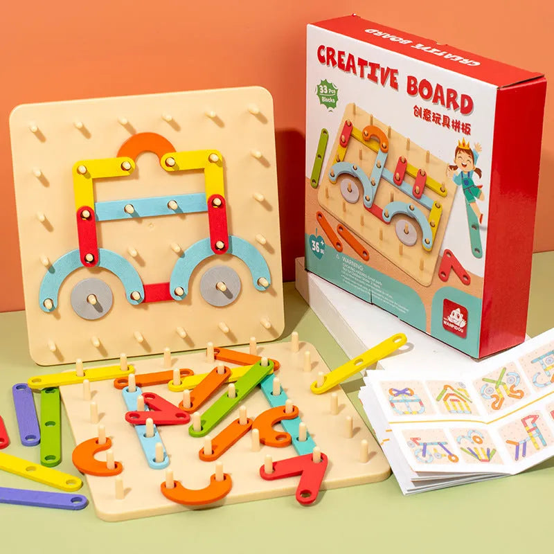 Wooden shape assembling column toy with 33 coloured shapes in a colour box, for children 4-6 years old