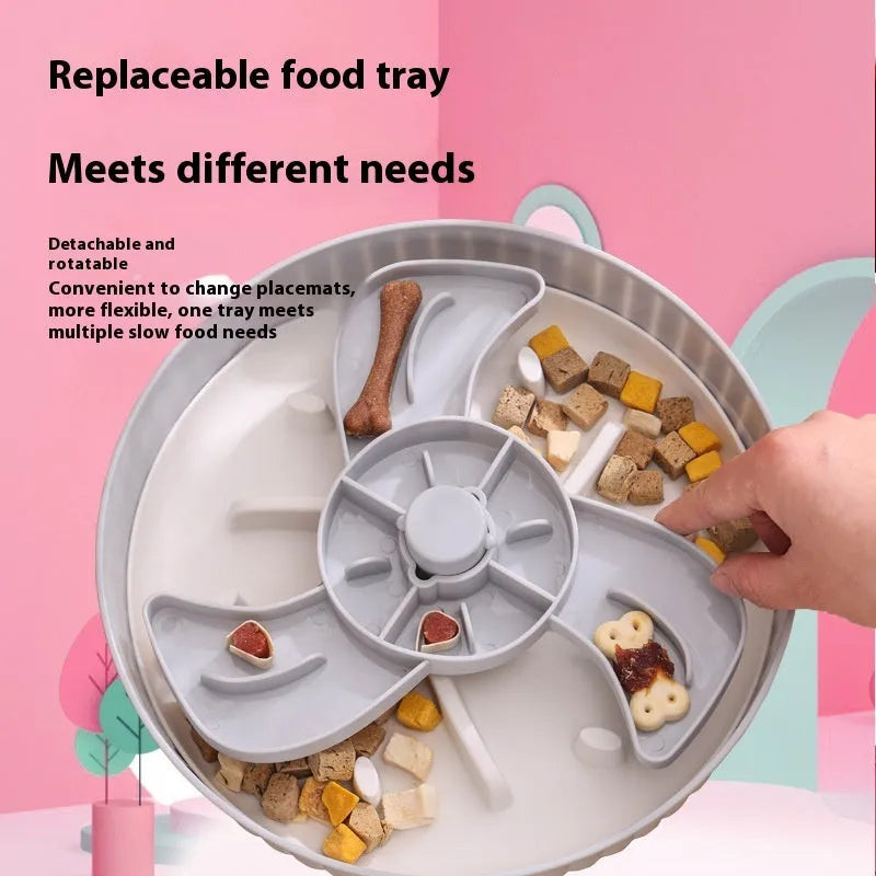 Pet slow feeder bowl with rotating game board design and silicone feeding pads in windmill pattern