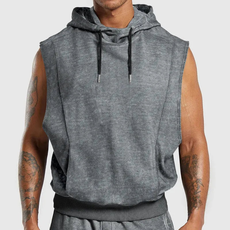 Men's fashion distressed all-over printed floral sleeveless hooded top in gray, slim fit, with 3D patch pocket