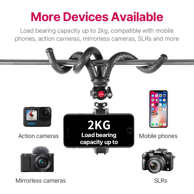 Black FT-01 octopus phone tripod with aluminium legs and clip for mobile devices