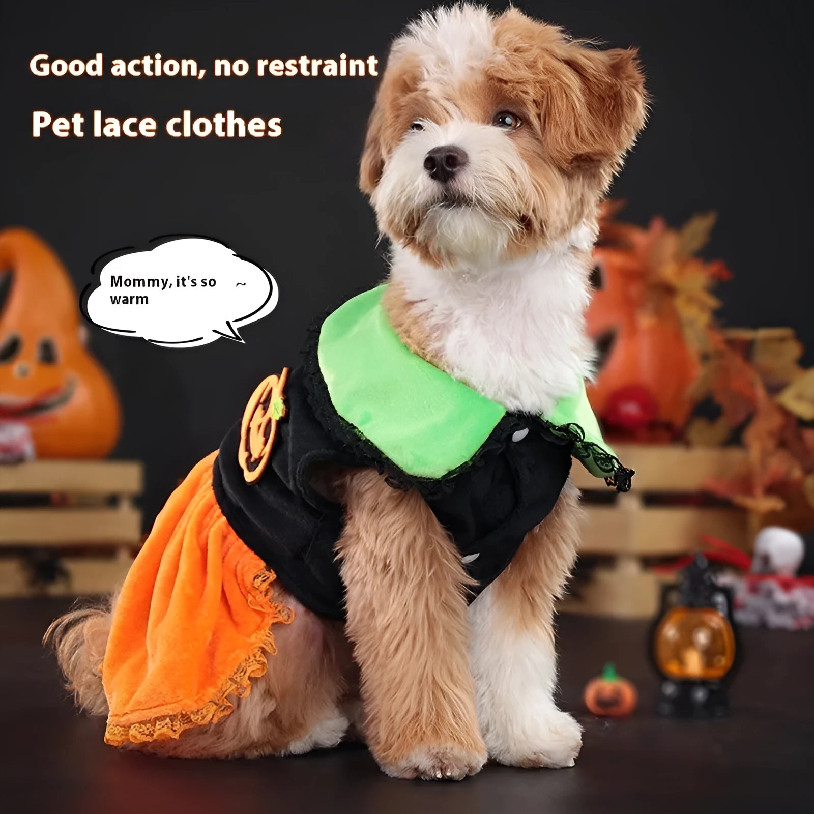 Orange crystal velvet Halloween pumpkin skirt costume on a small dog, with size chart showing measurements.