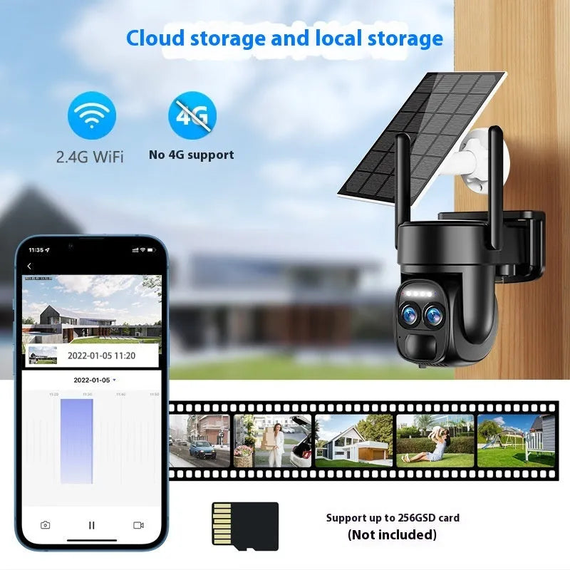 Solar-powered outdoor security camera with 8x zoom lens and dual 4G/WiFi connectivity