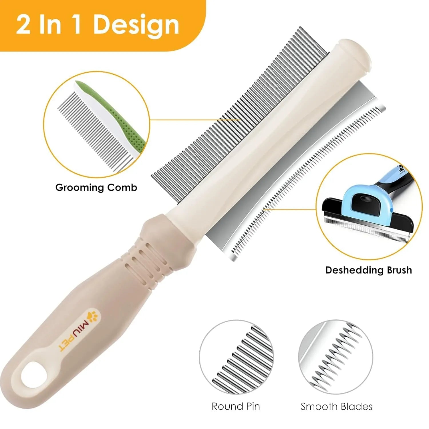 White 2-in-1 pet brush with a double-sided head and ergonomic anti-slip handle.
