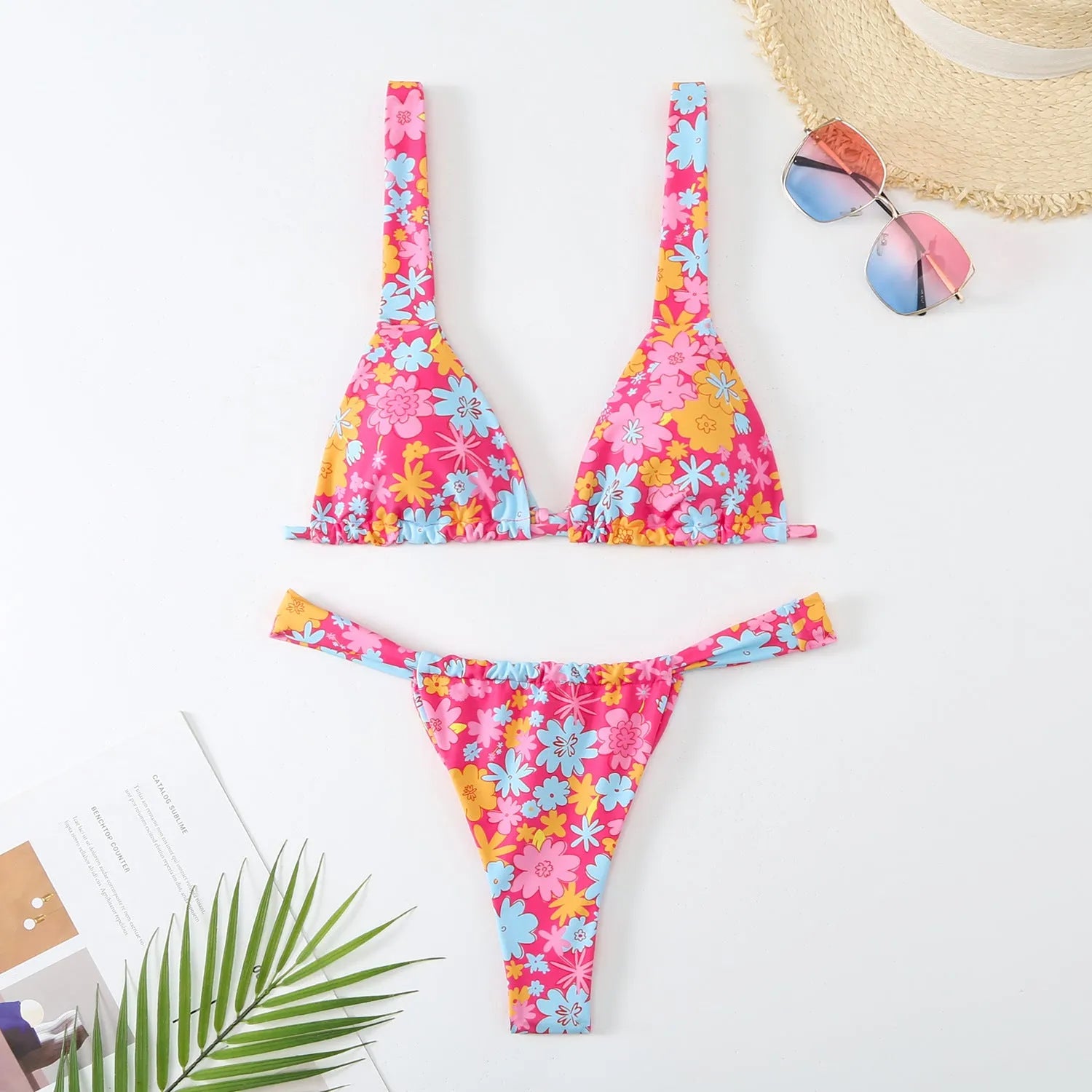 Women's printed bikini swimsuit set in polyester with floral pattern