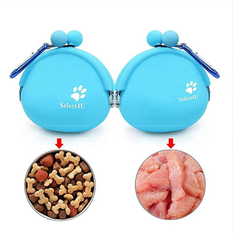 Yellow silicone dog training treat pouch with hook and loop closure on a waistband.