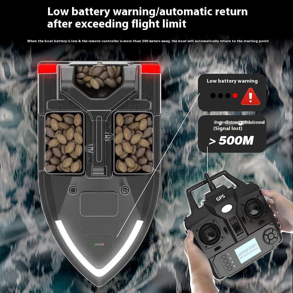 Black remote control fishing boat with GPS antenna on a calm lake, showing remote control.