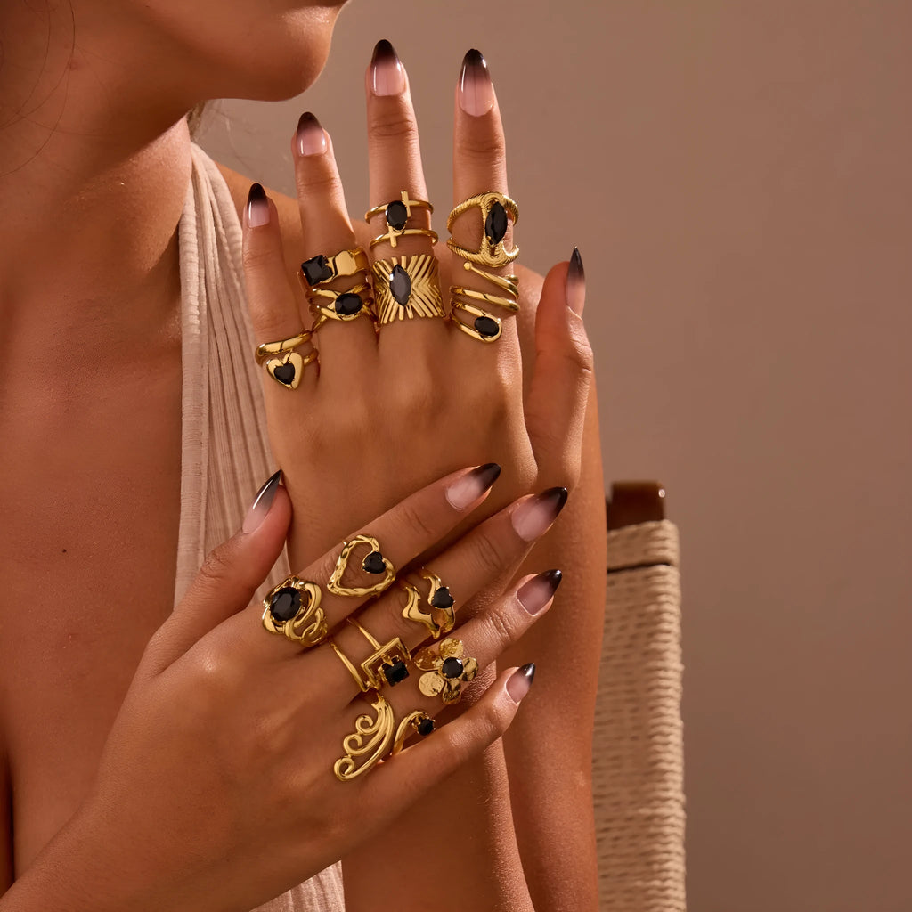 Women's adjustable geometric ring with zirconia stones on electroplated stainless steel band