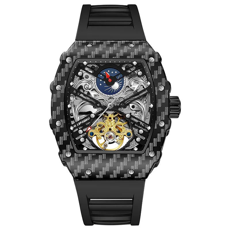 Men's mechanical water resistant watch with luminous hands on a black rubber strap