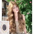 Brown medium length curly synthetic wig with linen shade and defined curls