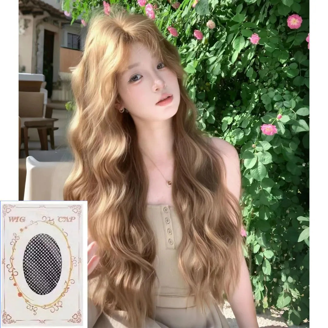 Brown medium length curly synthetic wig with linen shade and defined curls