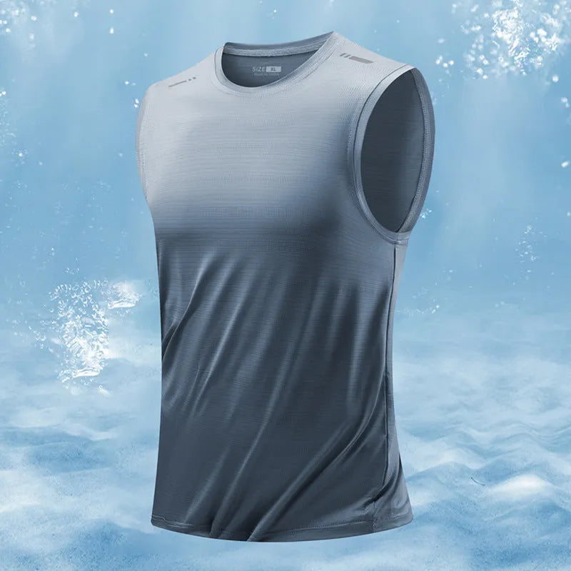 Men's loose fit sleeveless waistcoat in bamboo fibre fabric, showing straight hem design.