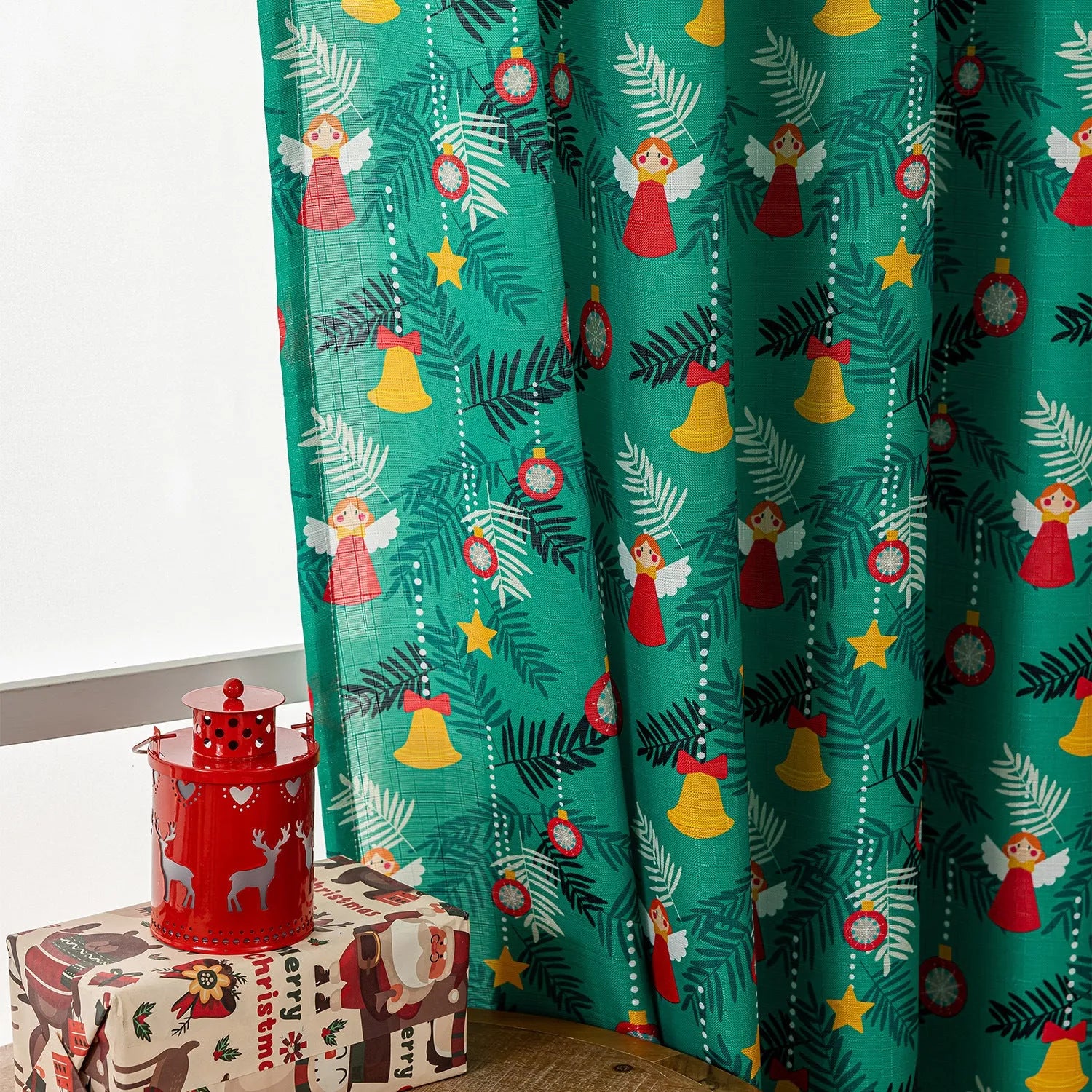 Red Christmas curtain with printed snowman and angel cartoon figures, 1 metre length