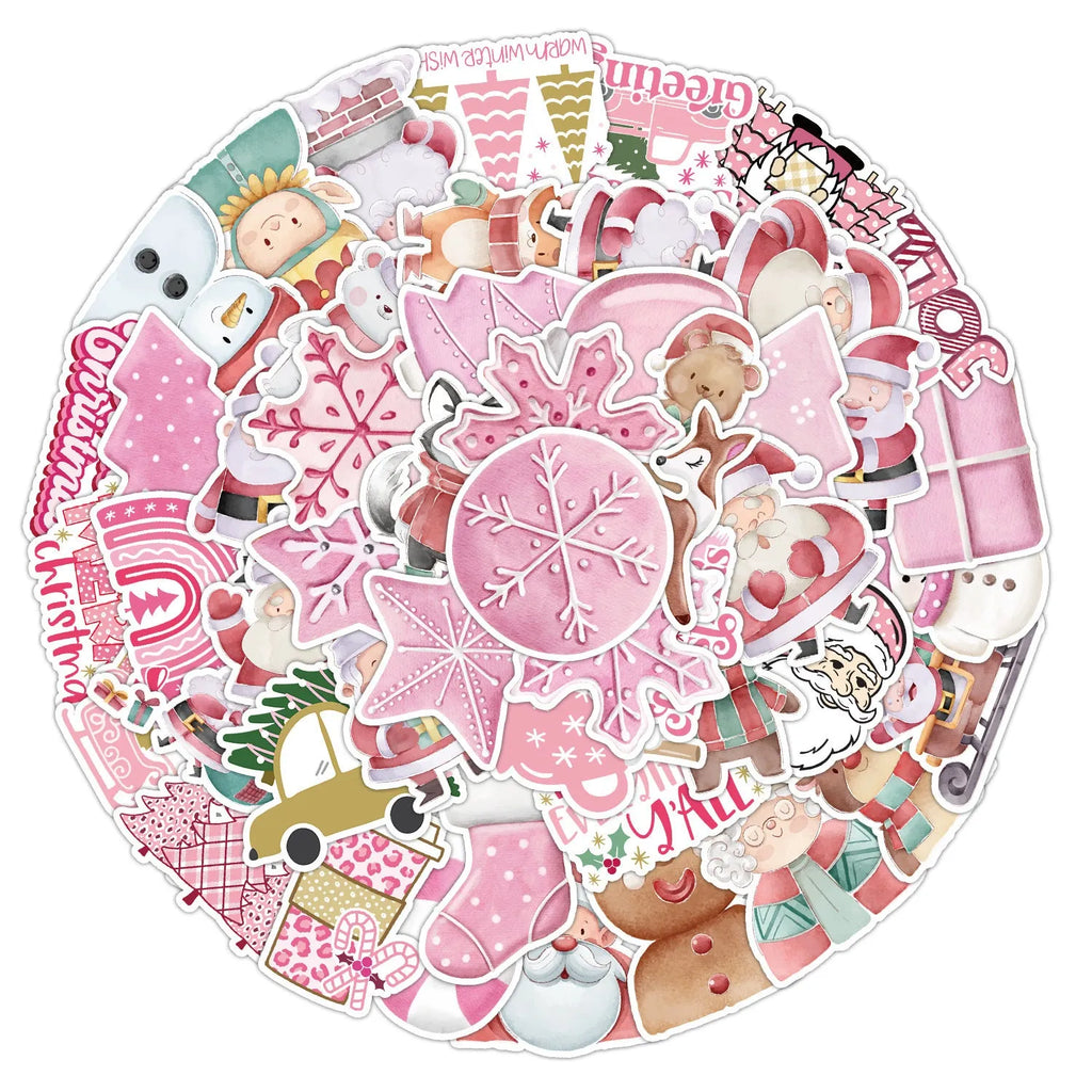 Assortment of 50 cute Christmas themed waterproof stickers ranging from 4cm to 8cm in size on a sheet.