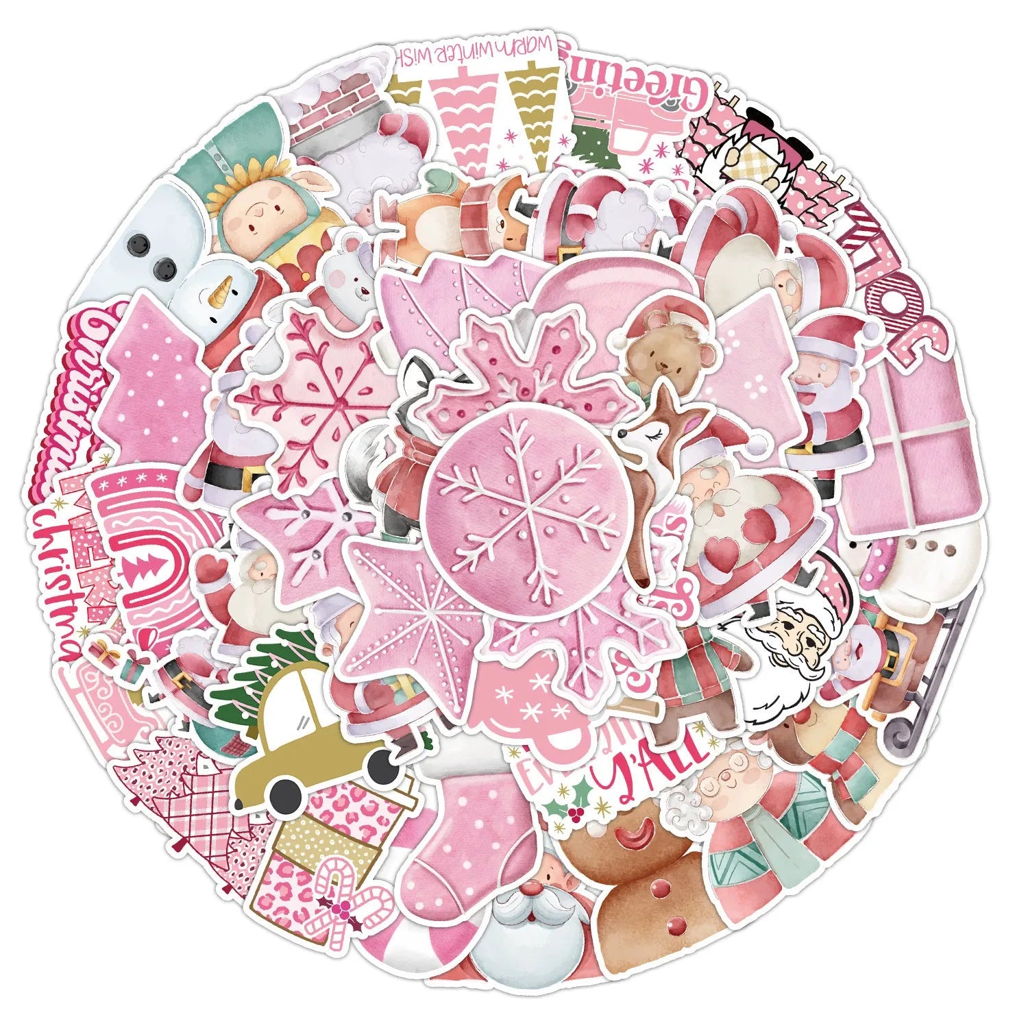 Assortment of 50 cute Christmas themed waterproof stickers ranging from 4cm to 8cm in size on a sheet.