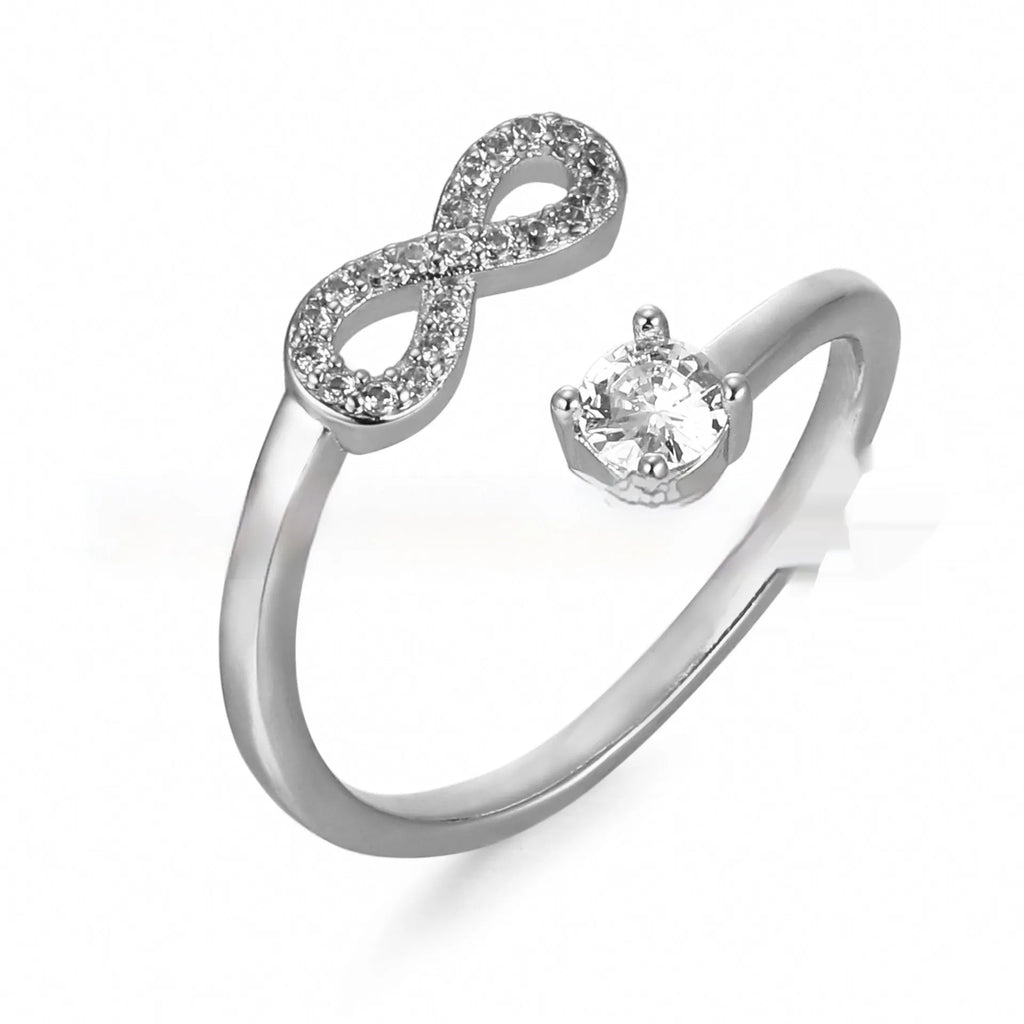 Geometric open zircon ring with letter decoration in gold, rose gold or silver metal