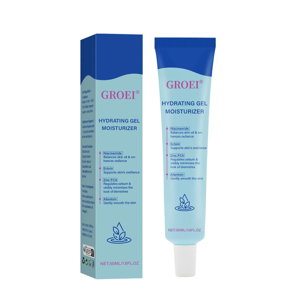 50ml moisturising facial gel with hyaluronic acid in clear container