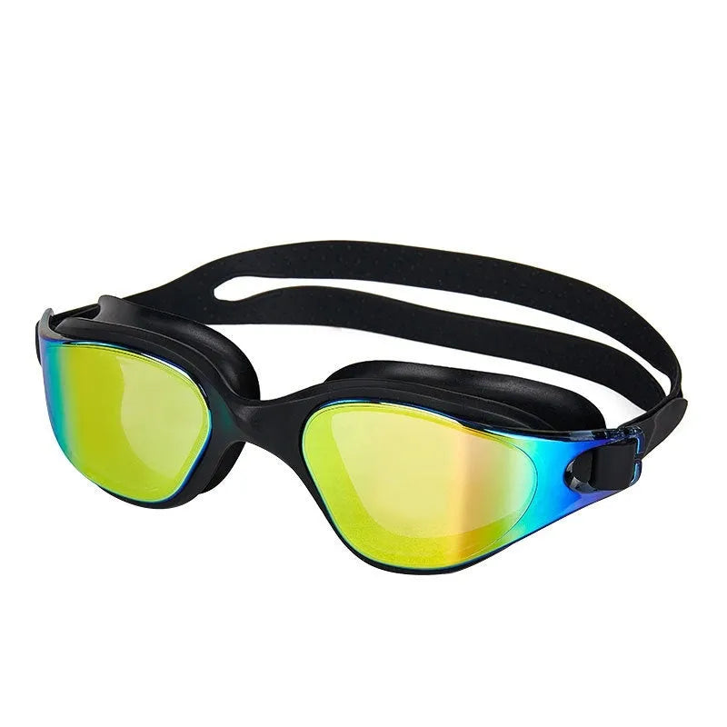 One-piece silicone large frame swimming goggles for adults in black colourful gold colour