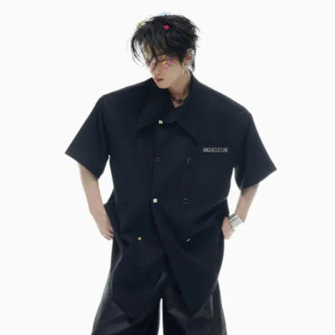 Men's loose-fitting short-sleeved casual summer shirt in black, showing splicing detail and lapel collar.