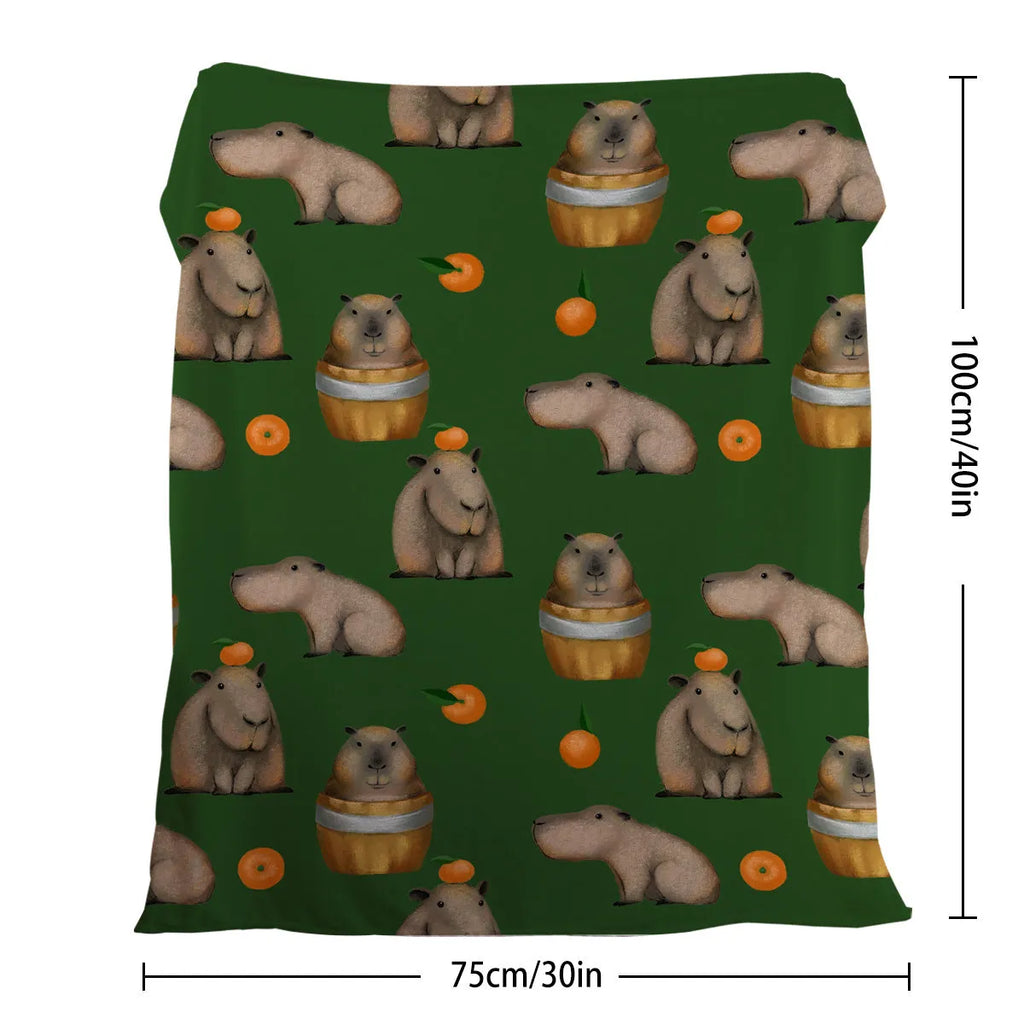 Flannel orange and capybara pattern soft fluffy multifunctional printed blanket on sofa