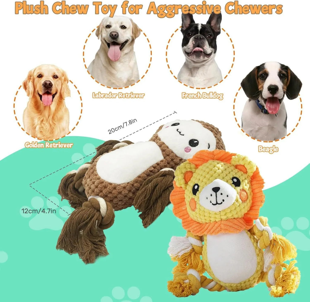Plush squeaky dog toy assortment showing Lion and Monkey designs with stuffing-free construction