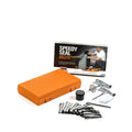 Emergency tyre repair tool kit with rubber strips, steel tools, and pressure gauge in a yellow carry case.