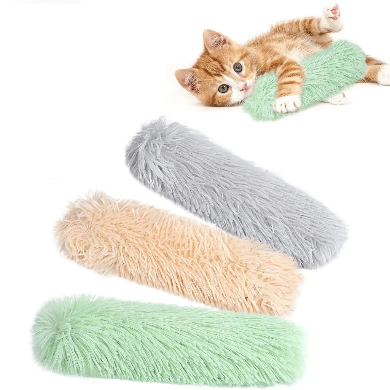 Cat plush toy pillow in blue, green, pink, and white colours measuring 27cm by 10cm