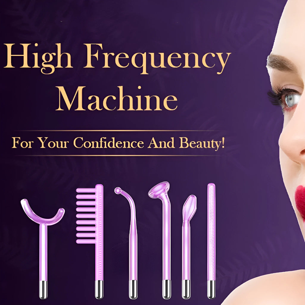 Purple Eutic six-piece high-frequency beauty instrument with six accessory heads for electrotherapy treatments.