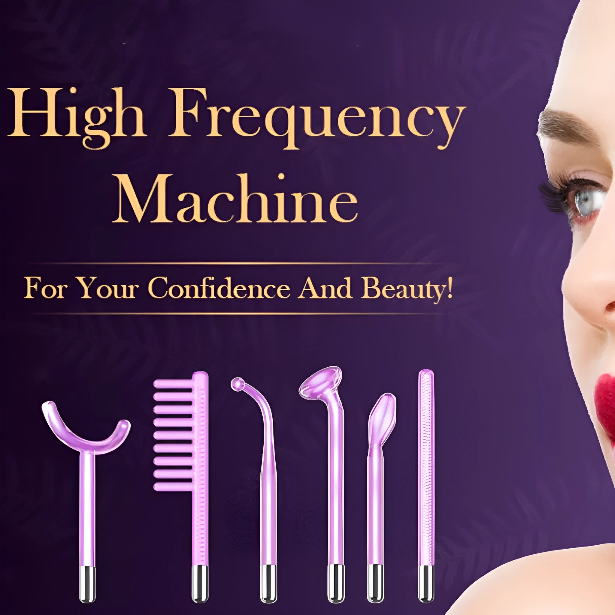 Purple Eutic six-piece high-frequency beauty instrument with six accessory heads for electrotherapy treatments.