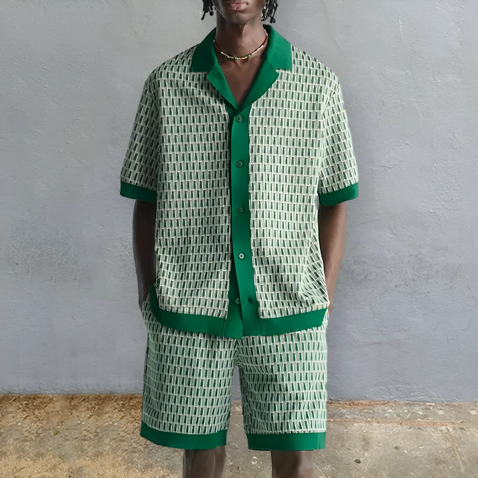 Men's plus size printed short-sleeve shirt and matching shorts beach set in colour MHX01344