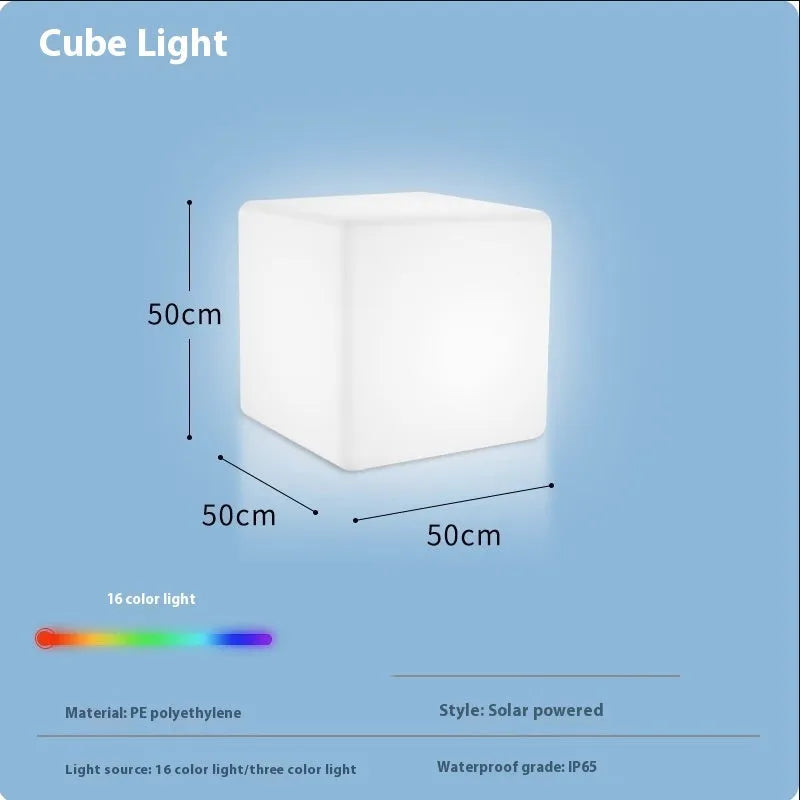 White square LED cube garden light stool with modern design, shown outdoors.