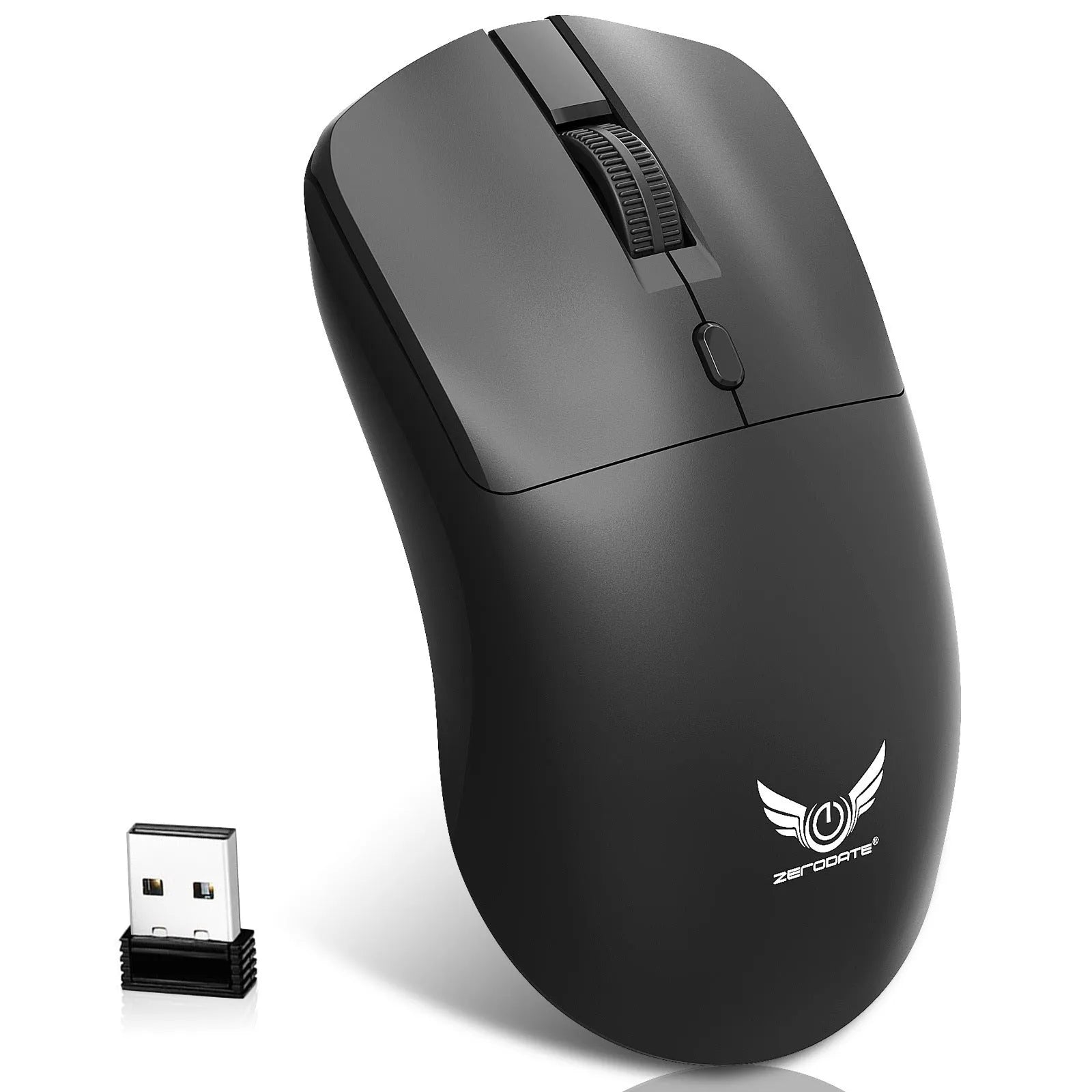 Black wireless computer mouse with DPI adjustment and audio control button for laptop use