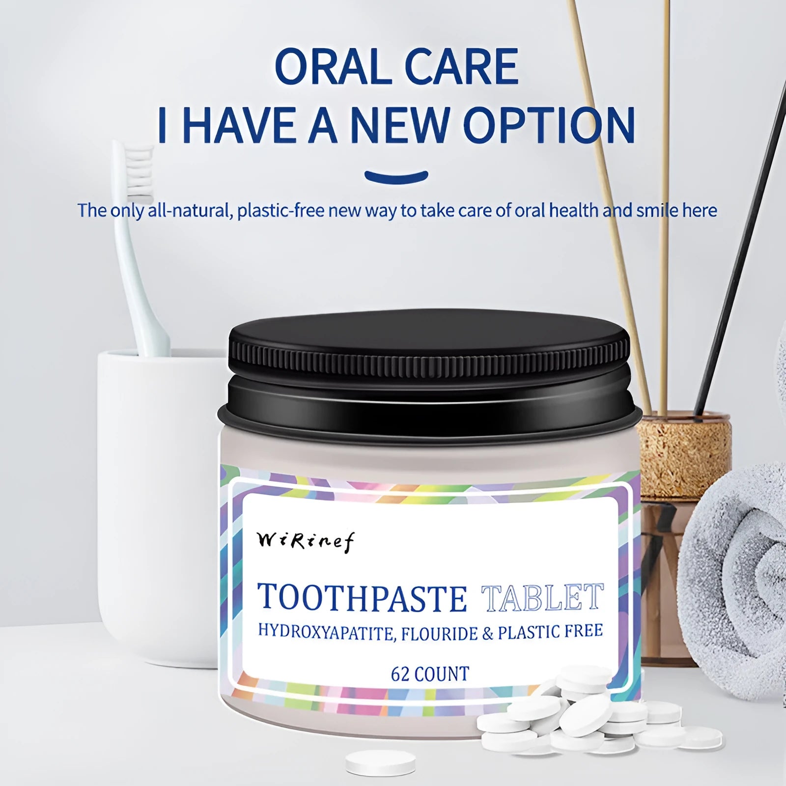 TP19 coloured solid toothpaste tablets in a pack of 62 pieces for portable oral cleaning.