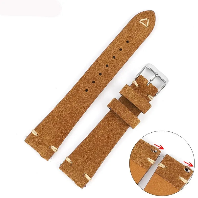 Suede genuine leather watch strap in brown, blue, grey and Army Green colours showing ethnic style design
