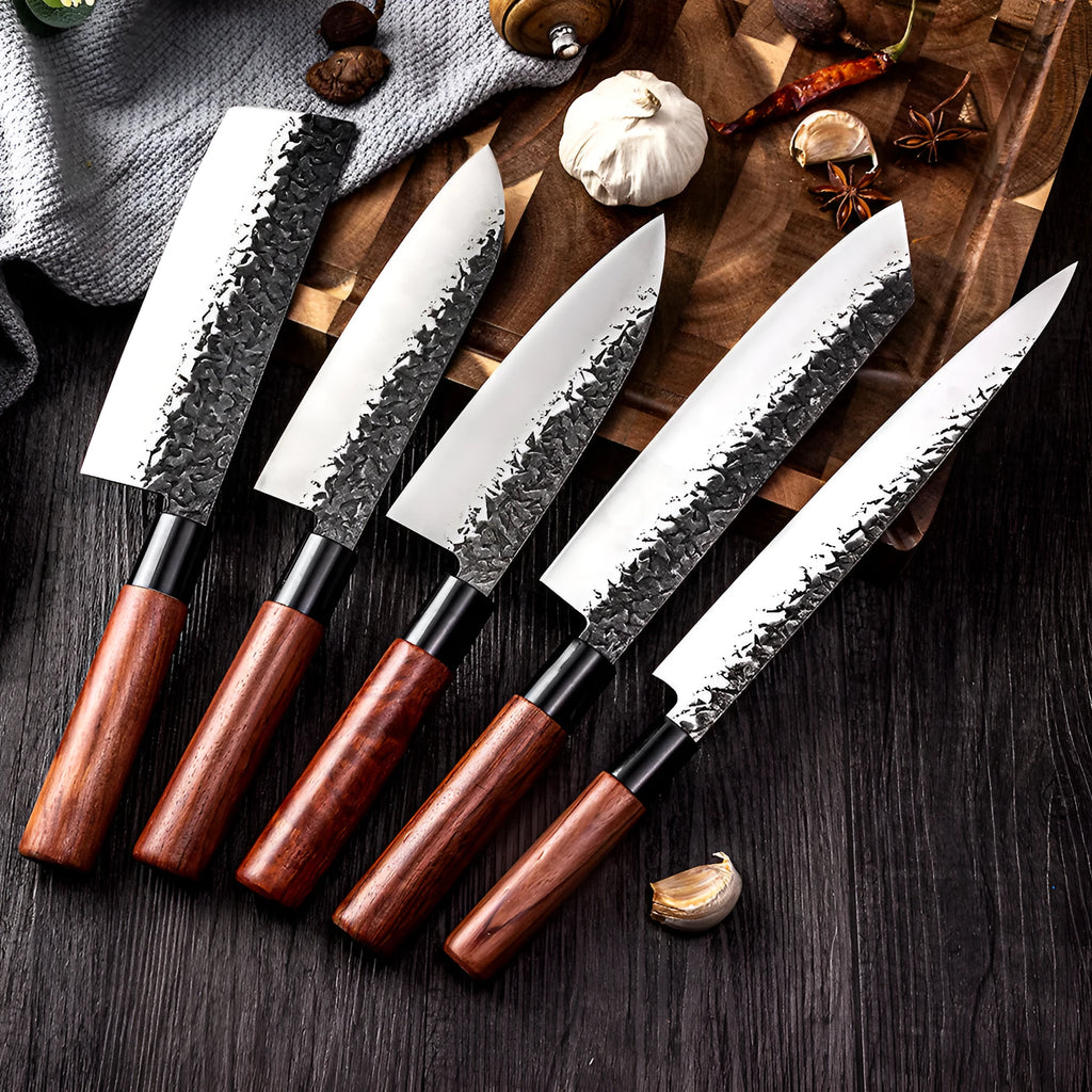 Handmade hammered forged stainless steel santoku chef knife with gift box packaging on a kitchen surface