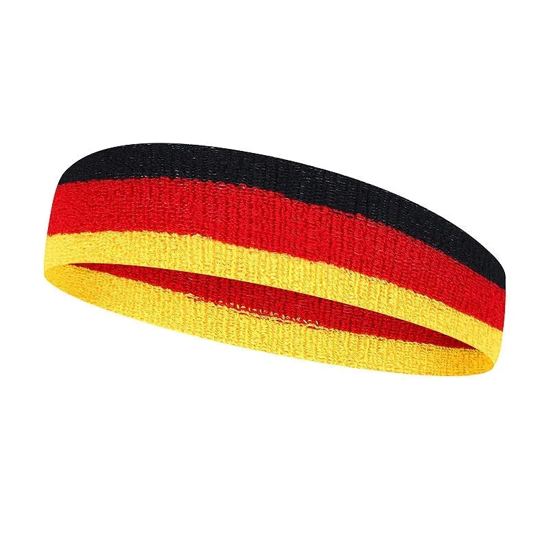 Colourful elastic sports headband for running and basketball, shown in red yellow and blue colour option.