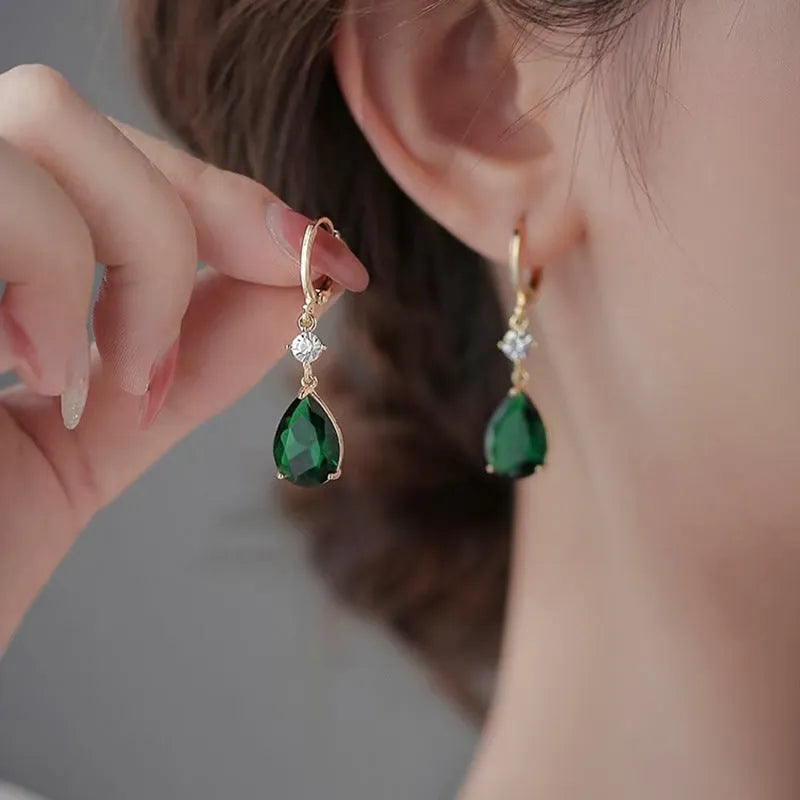 Emerald green geometric teardrop earrings with leverback fastenings
