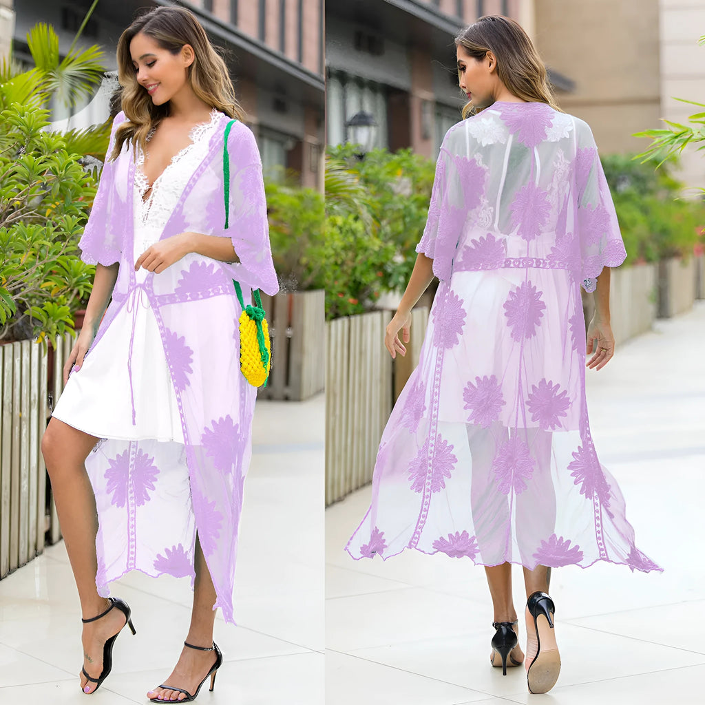 Light purple beach dress with lace embroidery cardigan design for swimming and wading activities