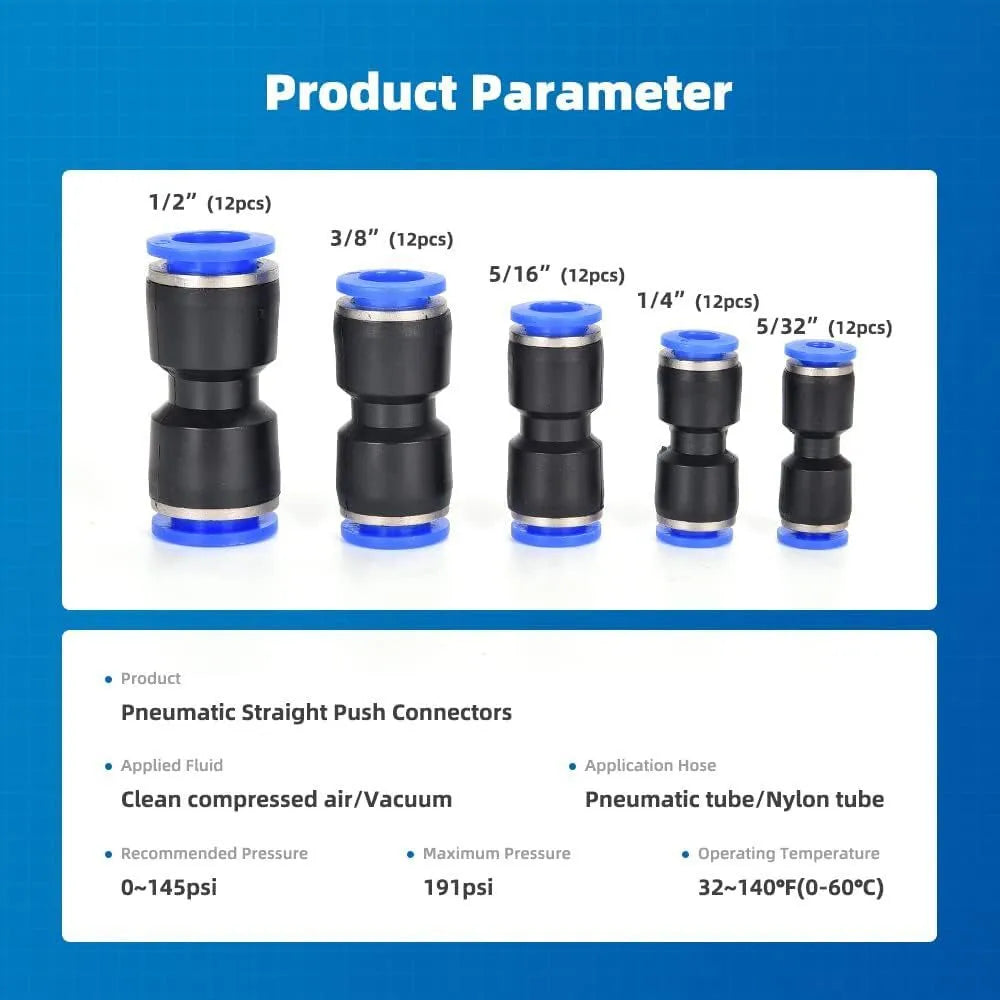 60-piece pneumatic quick connector set with push-in fittings and alloy plastic construction