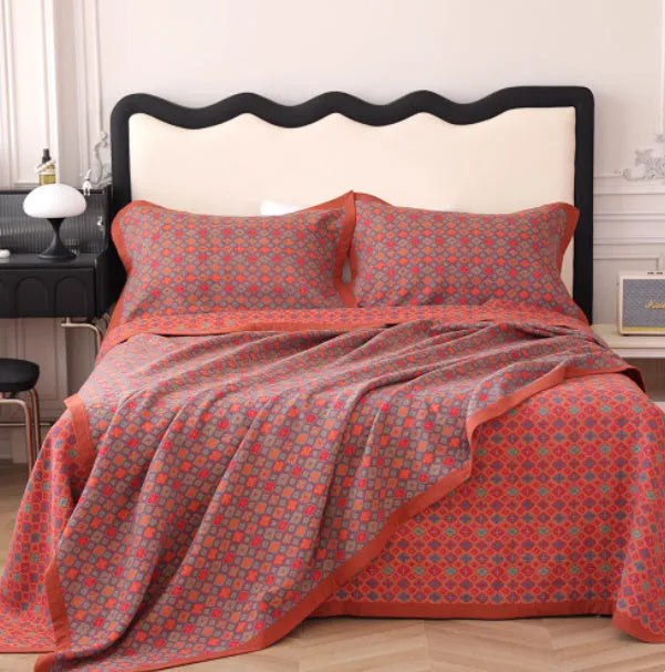 Cotton gauze bed blanket and pillowcase set with plant and flower pattern