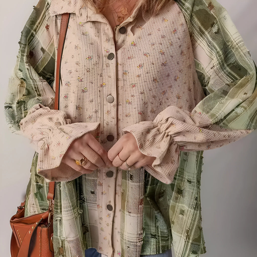 Women's loose fit plaid shirt with ruffle sleeves and distressed detail in oatmeal colour