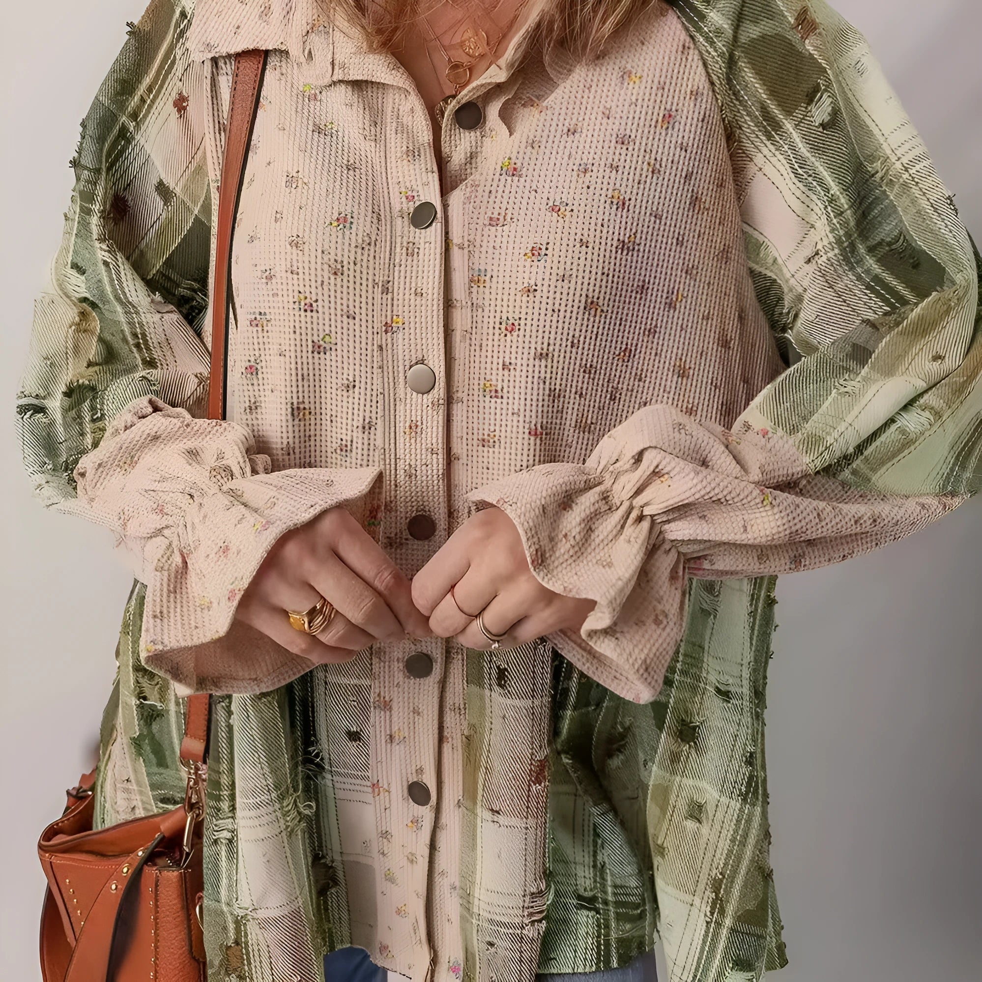 Women's loose fit plaid shirt with ruffle sleeves and distressed detail in oatmeal colour