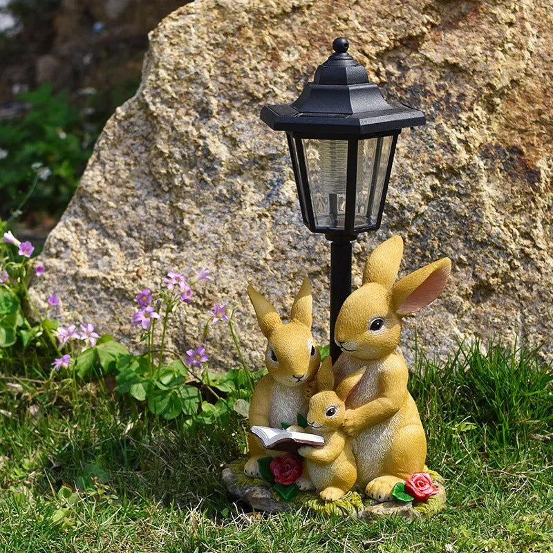 Solar hexagonal garden lamp with decorative resin animal sculpture in American country style