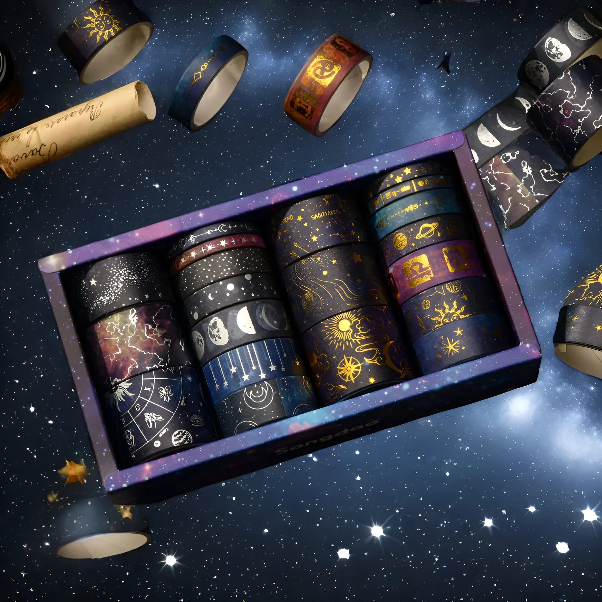 Box of 20 rolls vast starry sky and cartoon Japanese paper adhesive tape with mixed widths