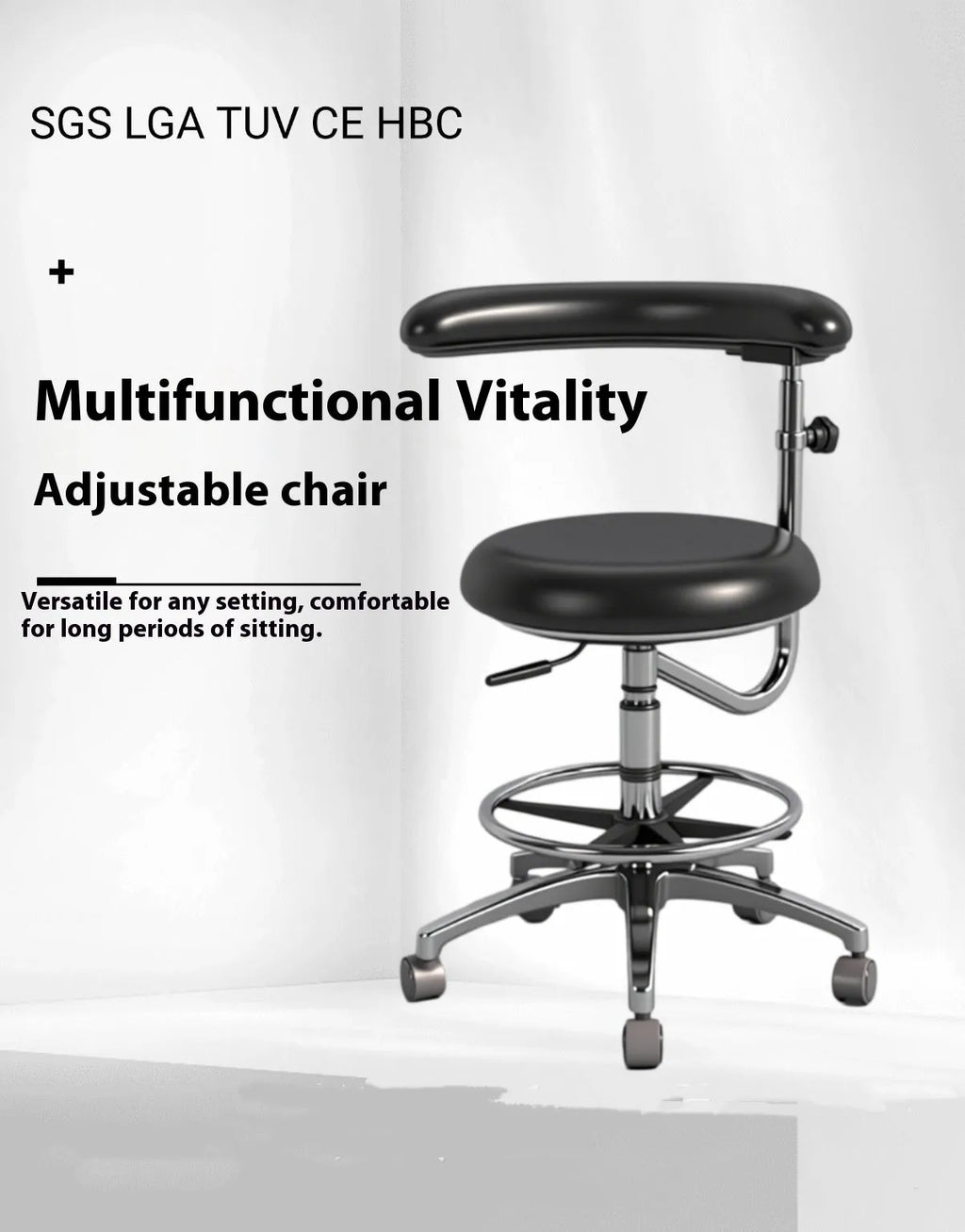 Black leather dental nurse chair with electric seat lift mechanism