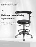 Black leather dental nurse chair with electric seat lift mechanism
