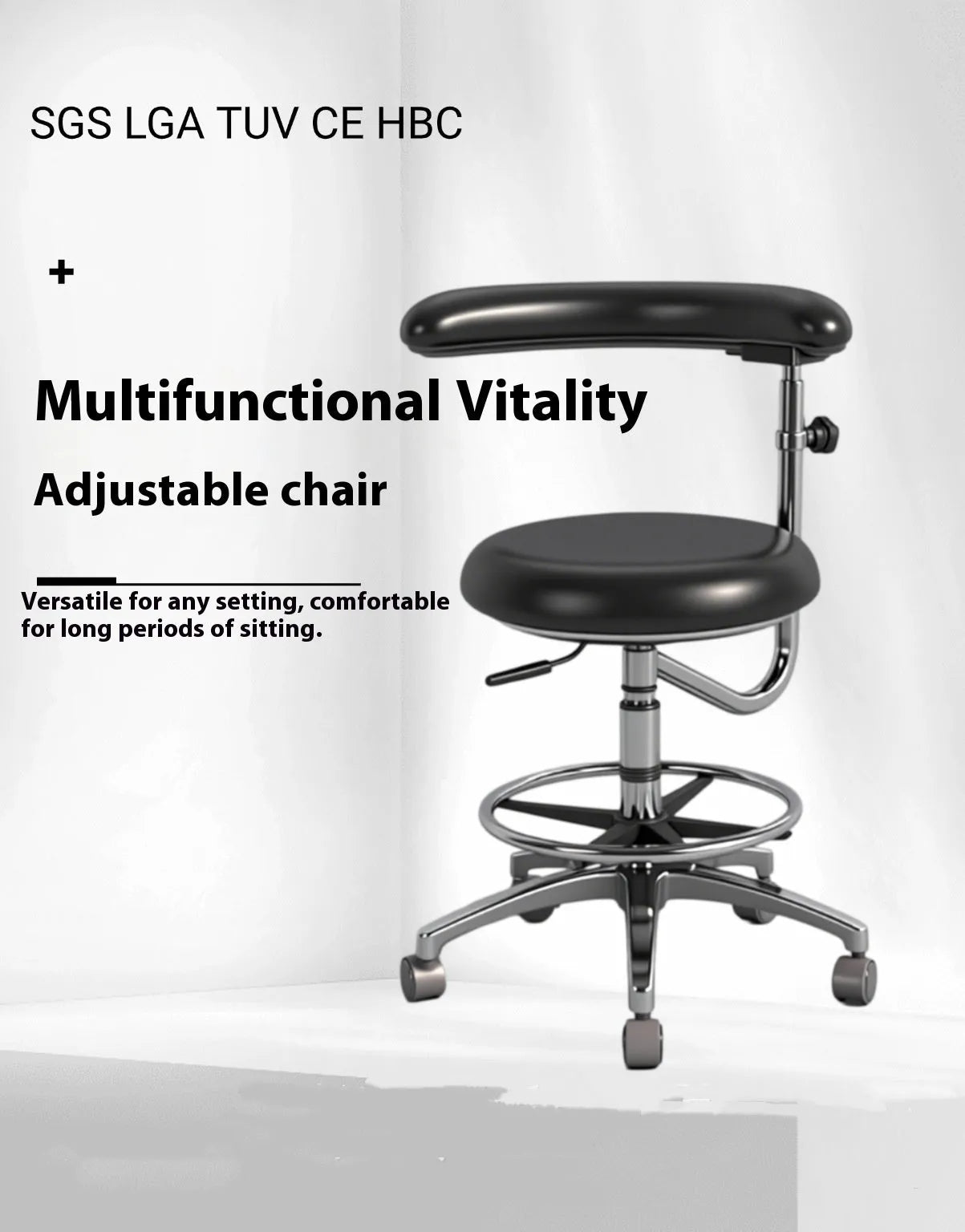 Black leather dental nurse chair with electric seat lift mechanism